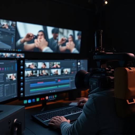 A video editor working on a timeline with multiple video and audio tracks in a professional editing suite.