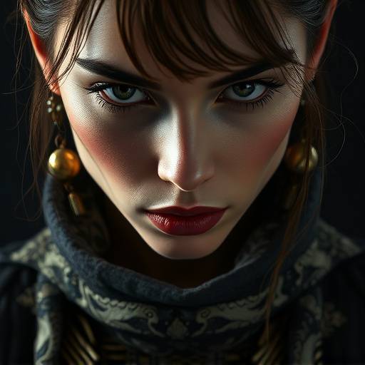 Close-up portrait of a model in a fashion shoot, showcasing intricate clothing details and dramatic lighting.