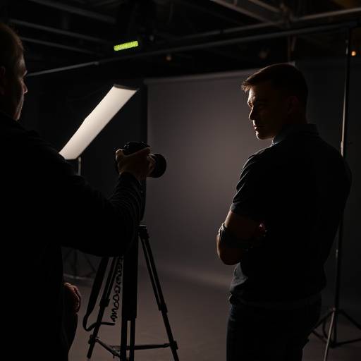 Photographer taking a portrait shot in a studio setting, focusing on lighting and composition.