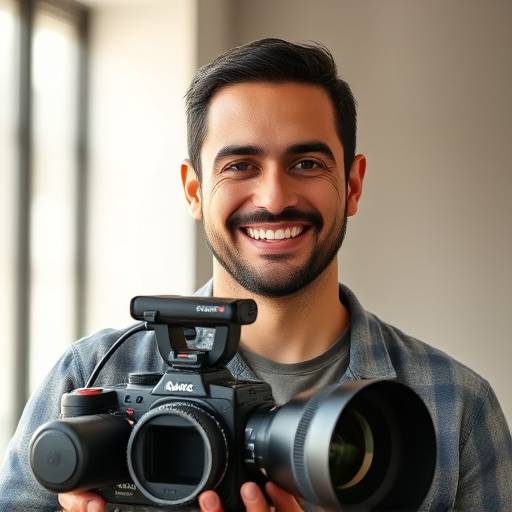 Professional headshot of David Rodriguez, the Lead Videographer, holding a camera and smiling warmly.