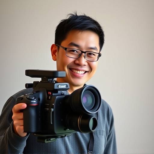 Professional headshot of Michael Chen, Lead Photographer, smiling holding a camera against a soft background