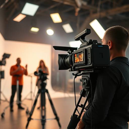 Professional video camera filming a scene on a film set, showcasing advanced equipment and skilled crew members in action.