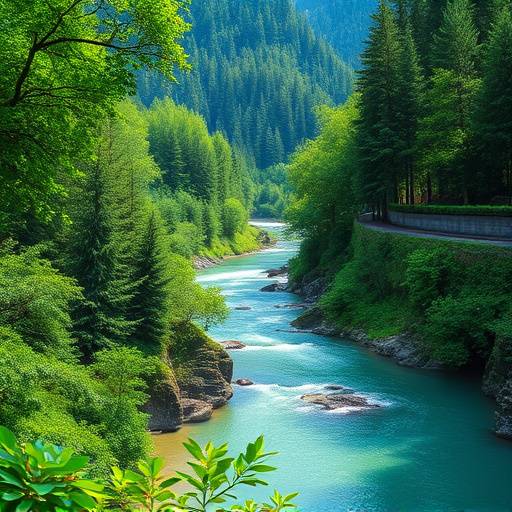 Scenic landscape of a lush green forest with a clear blue river running through it, emphasizing natural beauty and tranquility.